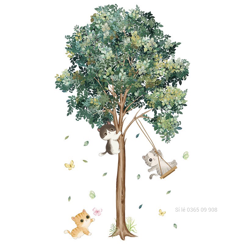 Decal dán tường chú mèo leo cây ngộ nghĩnh dễ thương