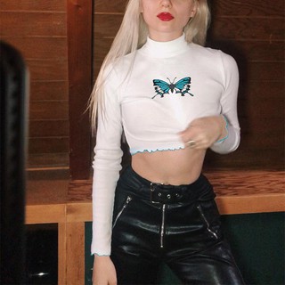 Áo Croptop Cổ Lọ Hoạ Tiết Bướm Thời Trang Mùa Hè Cho Phái Nữ