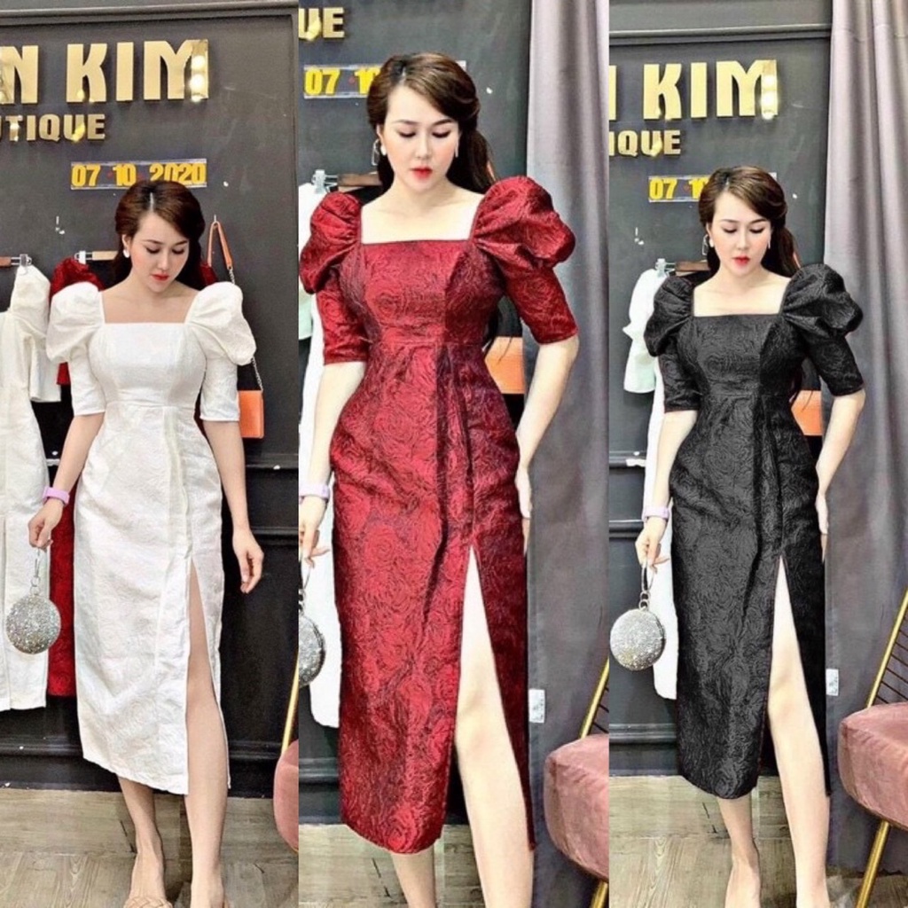 Đầm gấm sẻ tà cổ vuông midi bigsize Mũm Mỉm 50kg đến 90kg (Đầm dự tiệc tiểu thư sang chảnh ) ( đầm tết)