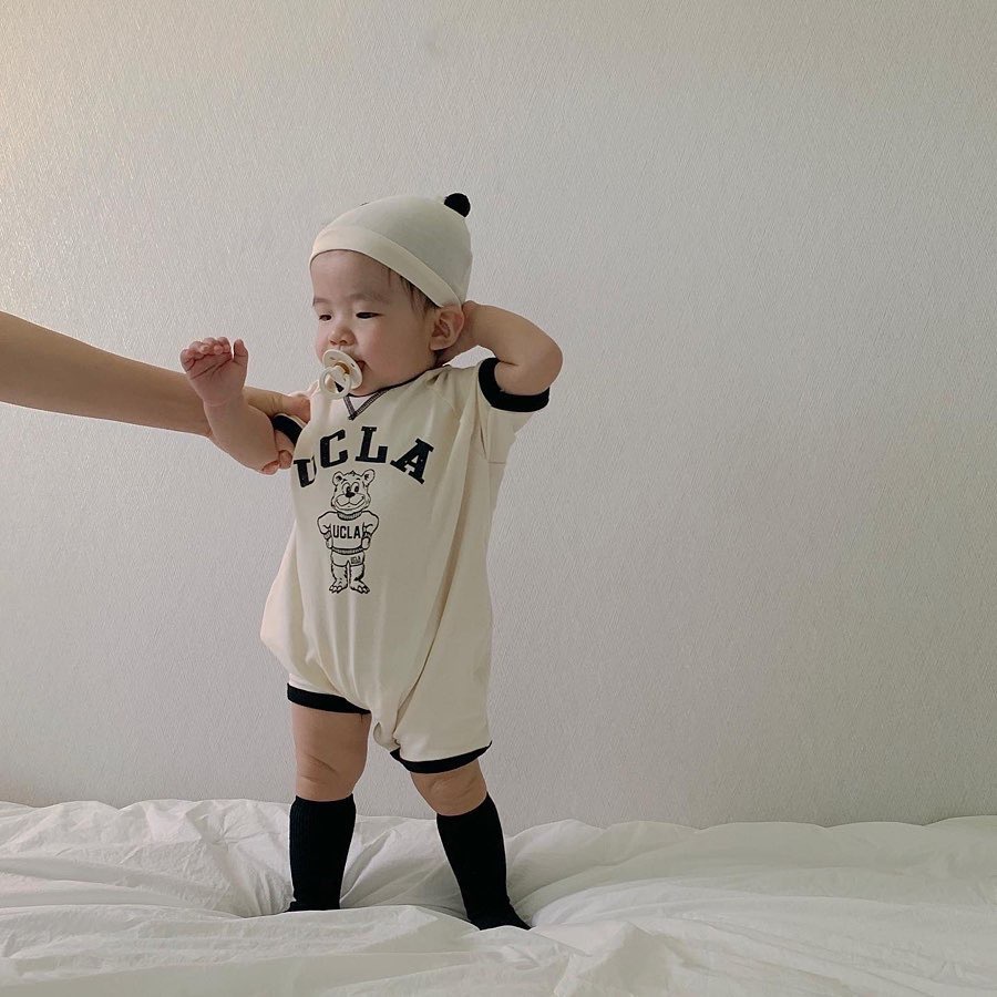 Bộ Áo Liền Quần 2 Mảnh Tay Ngắn In Chữ + Mũ Cho Bé Sơ Sinh 0-24 Tháng Tuổi