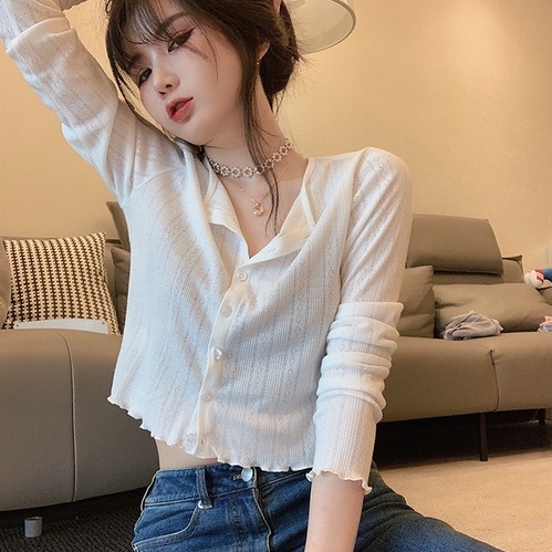 【ZHELIHANGFEI】 / Áo Cardigan Dệt Kim Lụa Lạnh Tay Ngắn Nhẹ Nhàng Phong Cách Pháp Thời Trang Mùa Hè Cho Nữ