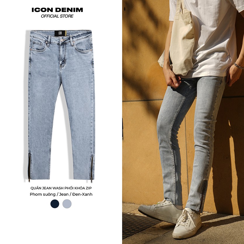 Quần Jean Nam ICON DENIM Dáng Skinny Wash Phối Khóa Zip Ống Chân