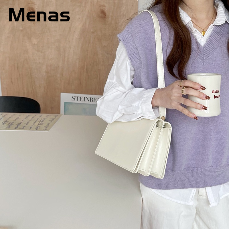 Menas Túi Đeo Vai Da PU Màu Trơn Phong Cách retro Thời Trang Thu Đông