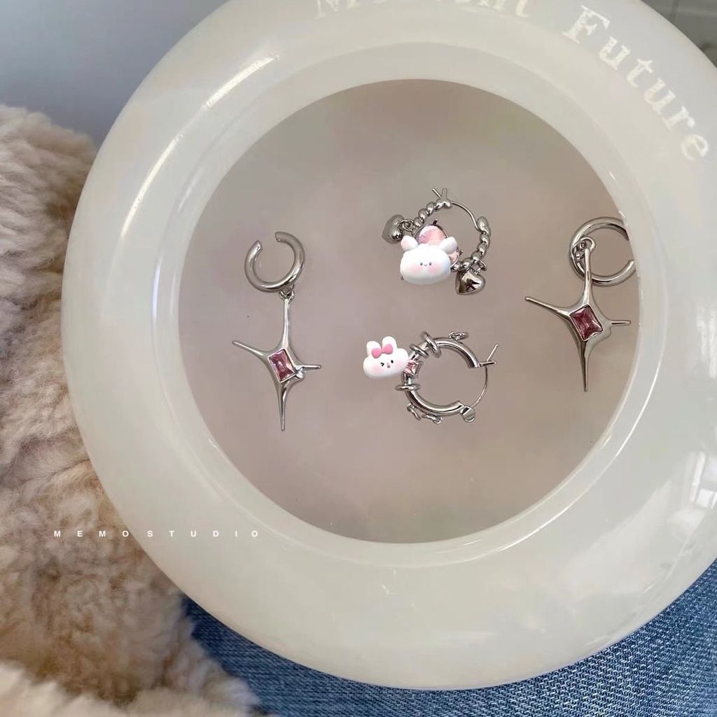 Khuyên Kẹp Vành Tai Hình Ngôi Sao Màu Hồng Đính Đá Phong Cách hip hop ins niche Đơn Giản