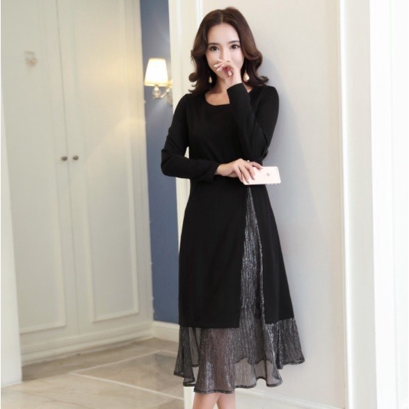 D5252 - Đầm suông dài tay phối ren cho người mập hàng nhập - giá 660k