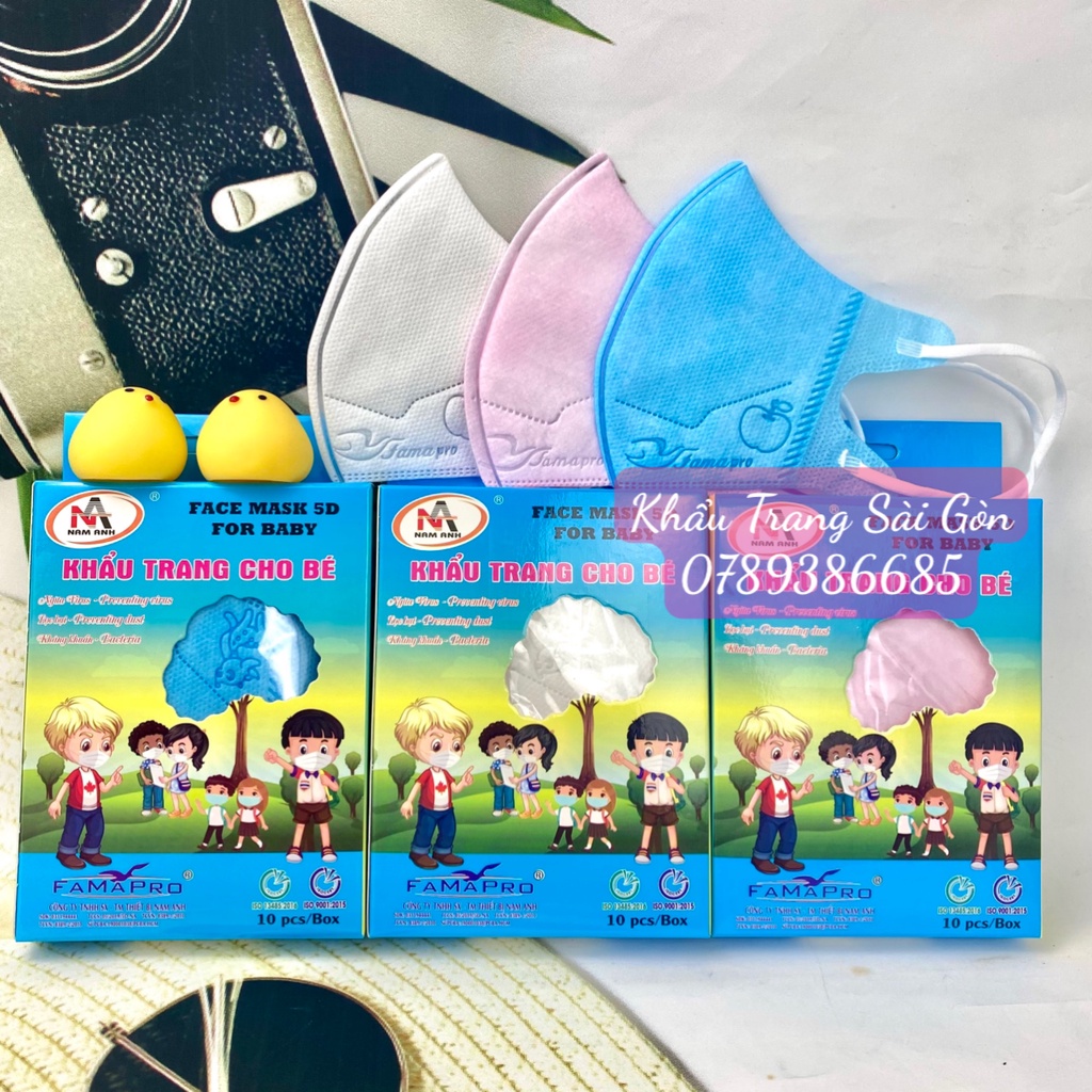 Khẩu Trang 5D KIDS FAMAPRO MÀU TRƠN hộp 10 cái dành cho bé 3 lớp kháng khuẩn Trắng, Xanh, Hồng