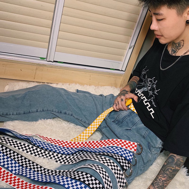 Thắt lưng vải canvas kẻ sọc caro thời trang cho nam và nữ