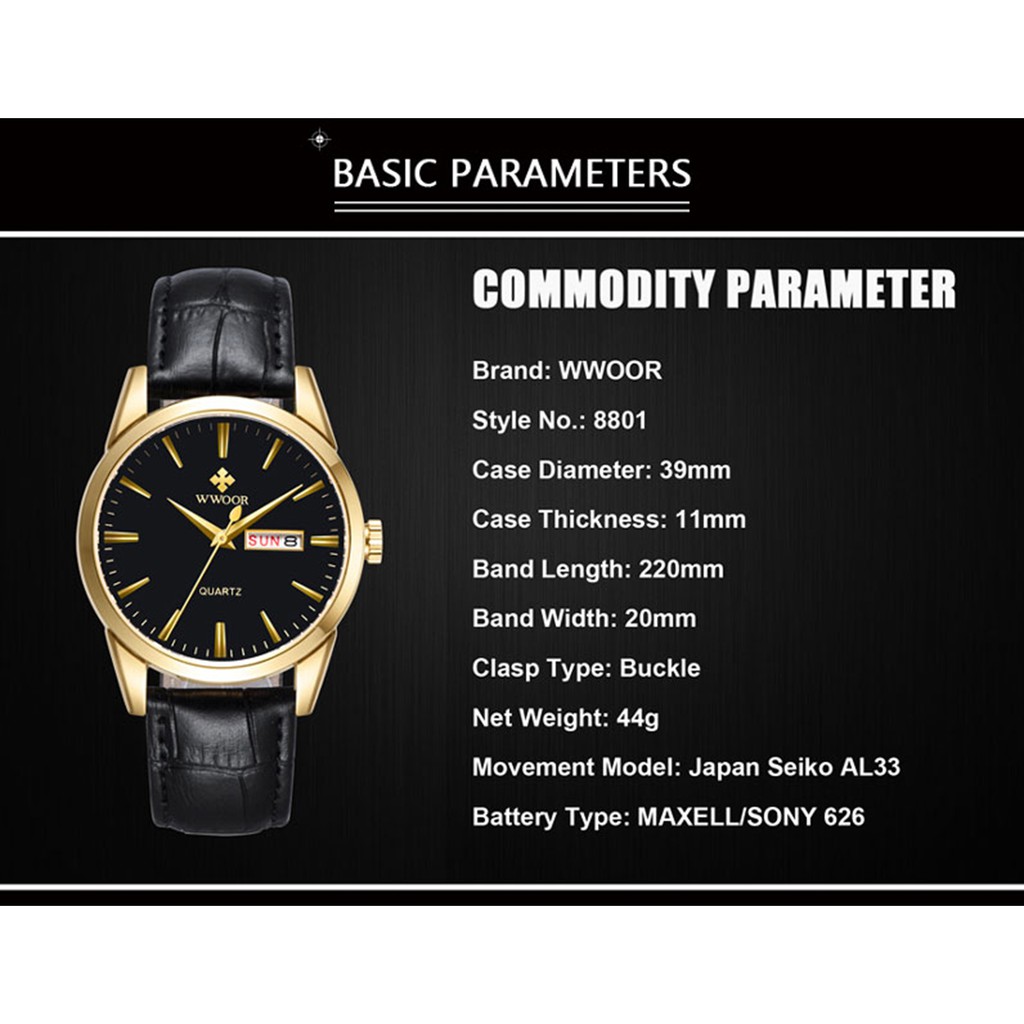 WWOOR Top Brand Luxury watch for men analog calendar watch waterproof quartz fashion leather watches 8801