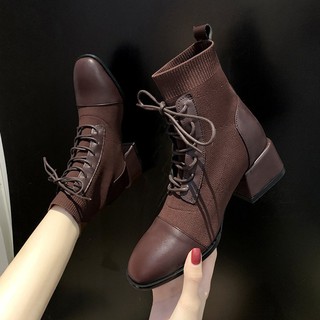 (ORDER) Boot len chun co giãn phối da gót 5cm 2019 mới