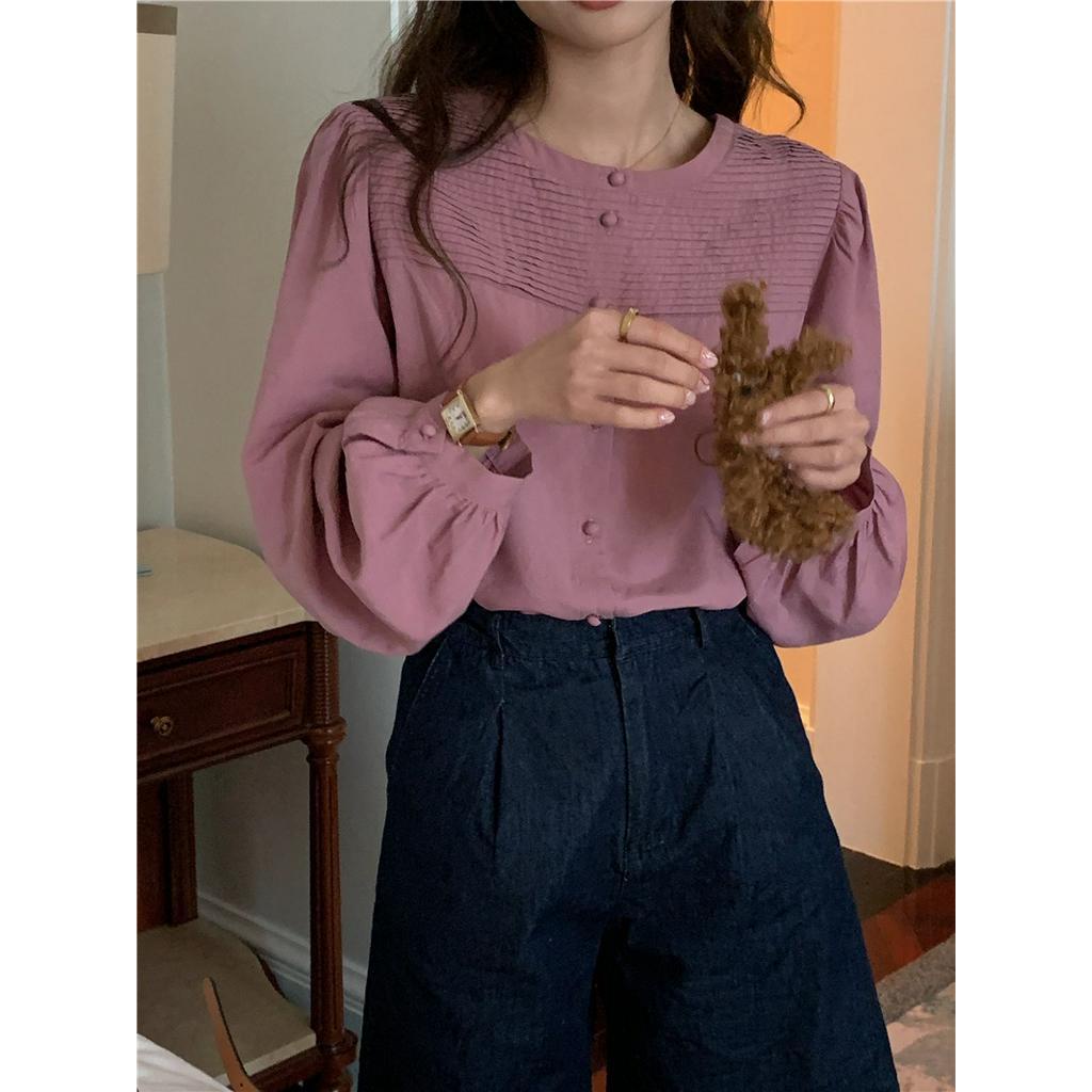 Áo Thun Dài Tay Cổ Tròn Hai Cách Mặc Trước Và Sau Lưng Thiết Kế Xếp Ly 62469