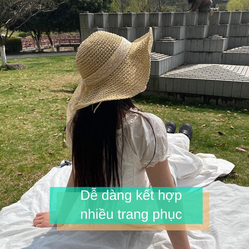 Mũ cói mềm rộng vành thắt nơ ren Vintage