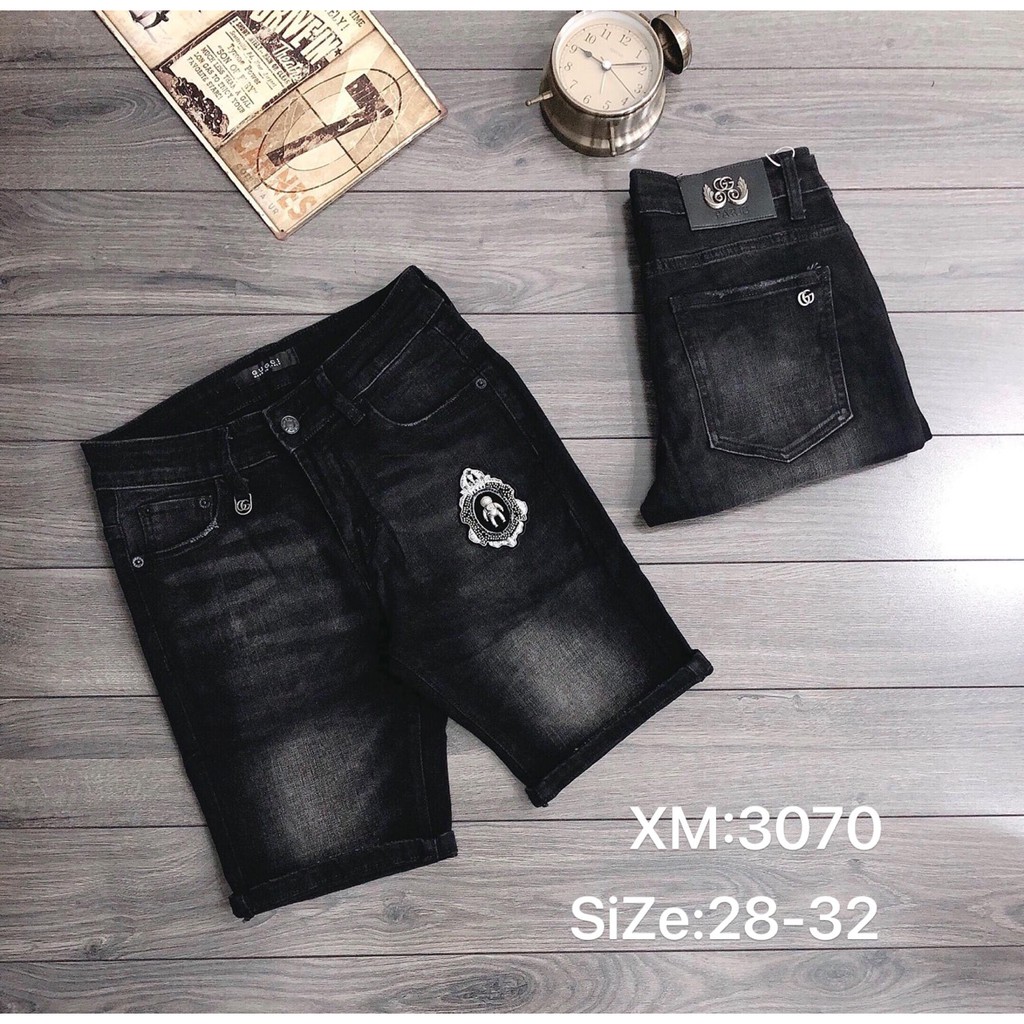 Quần short jean nam đen rách thêu logo chất bò giá rẻ cao cấp AHFASHION MS3315