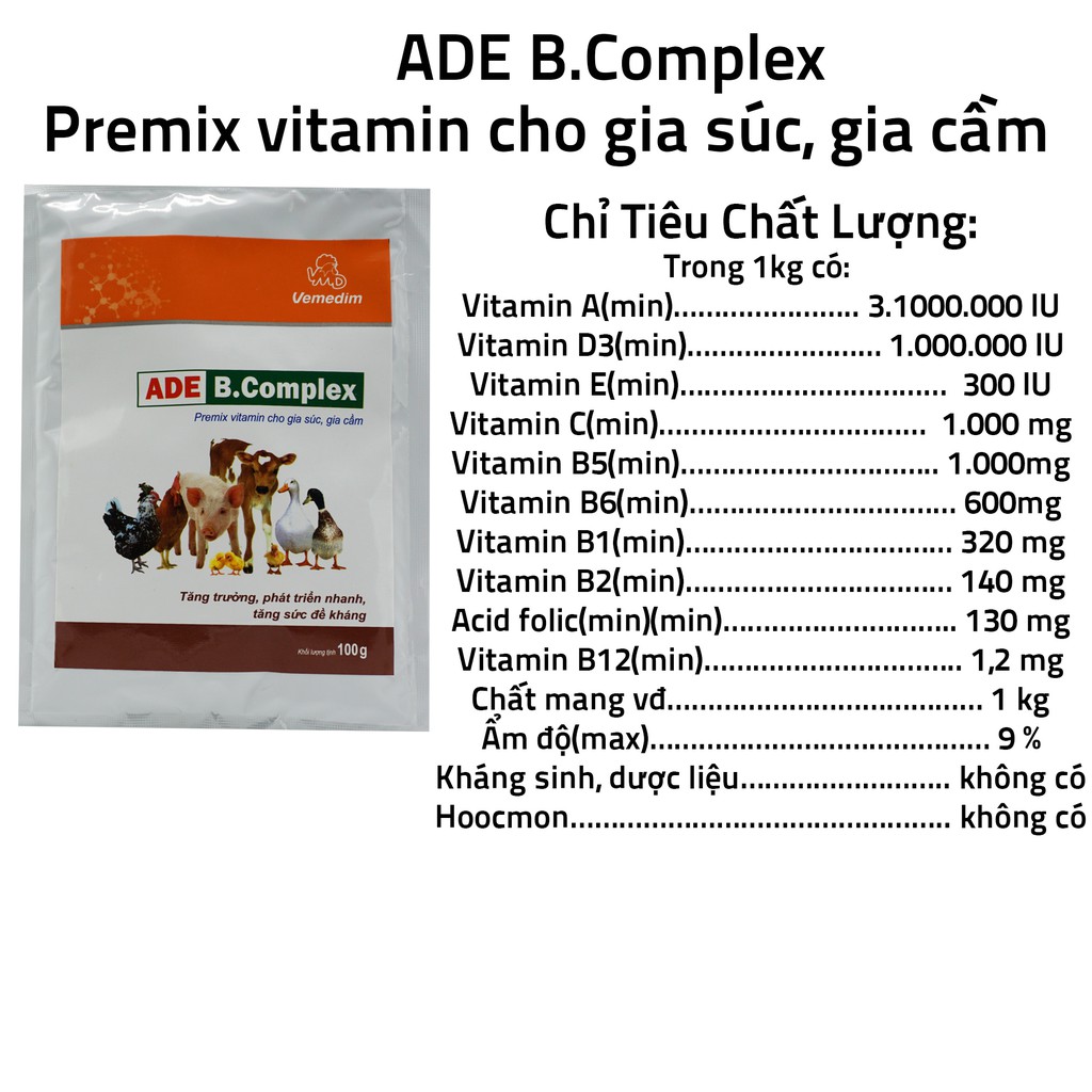 Vemedim ADE. B Complex vitamin cho gia súc, gia cầm (gói 100g)