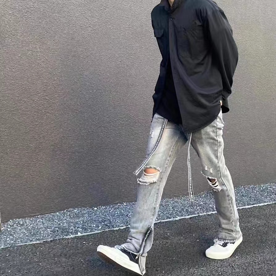 Quần Jeans Dài Đến Đầu Gối Phối Dây Kéo Phong Cách Hiphop Đường Phố Âu Mỹ S-4XL
