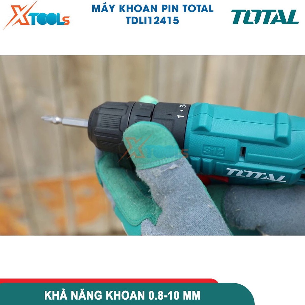 Máy khoan pin TOTAL TDLI12415 pin Lithium 12V, tốc độ không tải 0-750v/p, kèm 1 pin, 1 sạc, 1 mũi vít- CHÍNH HÃNG-XTOOLS