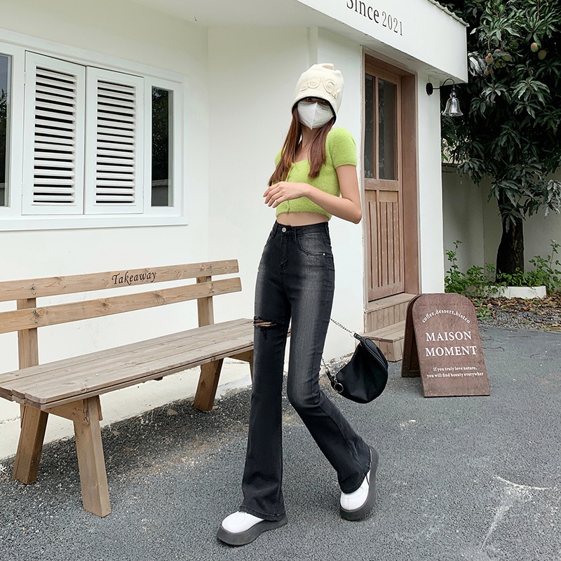 Quần Jean Ống Loe Lưng Cao Co Dãn Tốt Hợp Thời Trang