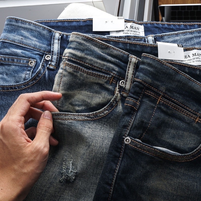 Quần jean nam xanh rêu rách wax jean co giản hàng vnxk cao cấp