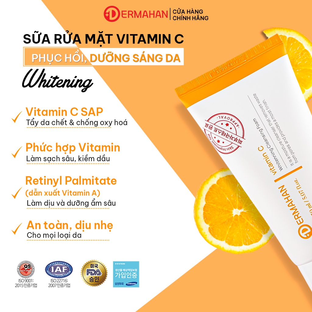 Sữa Rửa Mặt Phục hồi, Dưỡng Sáng Da  Dermahan Vitamin C Whitening Cleansing Foam 150ml Bulsan Beauty