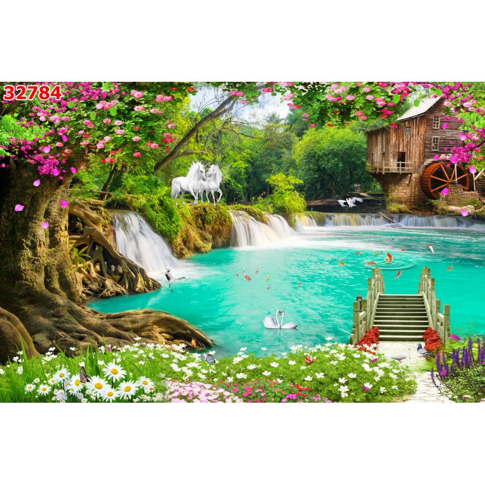 Tranh dán tường 3d phong cảnh thiên nhiên trang trí phòng khách chất liệu decal pp keo sẵn bóc dán atk18