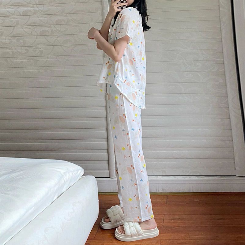 Bộ Đồ Ngủ Mặc Nhà Vải Mỏng Tay Ngắn In Họa Tiết Dễ Thương Thời Trang Mùa Hè Cho Nữ