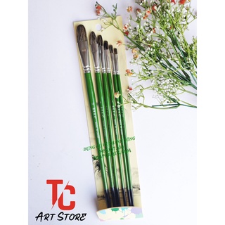 Bộ 6 cây cọ oval lông chồn - thân màu xanh lá - tc art