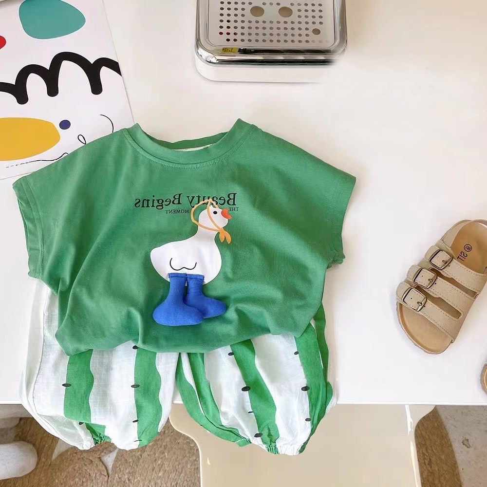 Bộ Quần Áo Cộc Tay Hình Vịt Ngộ Nghĩnh Chất Vải Thoáng Mát Cho Co Dã 4 Chiều Cho Bé Từ 7-37Kg Ken Store