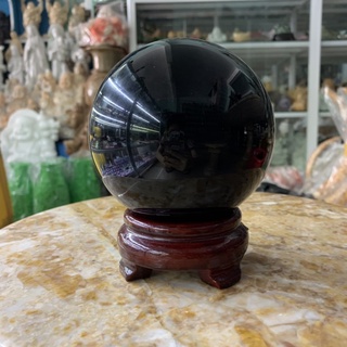 Quả cầu, bi cầu phong thuỷ đá thạch anh đen có tặng kèm đế - đường kính 10cm