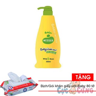 Sữa tắm gội Wesser 500ml - Xanh lá Tặng 1 bịch khăn giấy ướt Baby 80 tờ