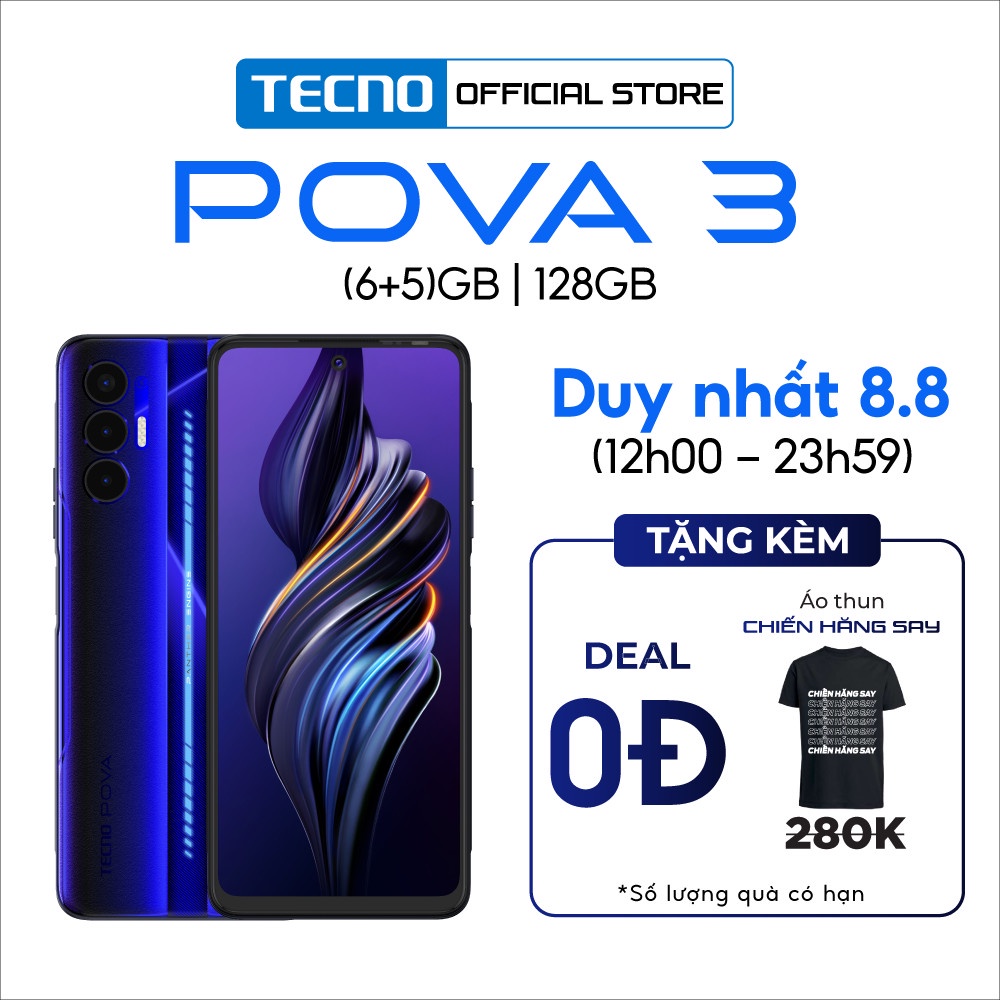 [Mở bán 27.6] Điện thoại Gaming Tecno POVA 3 (6+5GB)/128GB - Helio G88 | 7000 mAh | Sạc nhanh 33W - Hàng Chính Hãng