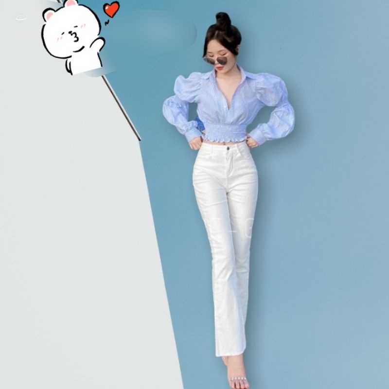 Áo sơ mi caro nhún eo Quảng Châu cổ V tay dài