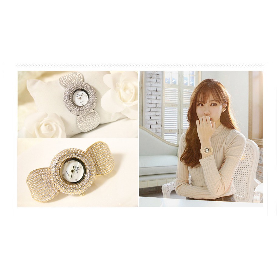 Đồng hồ nữ dây kim loại, đồng hồ nữ chính hãng BEE SISTER đính đá cao cấp, thời trang hình nơ siêu độc đáo, đẳng cấp
