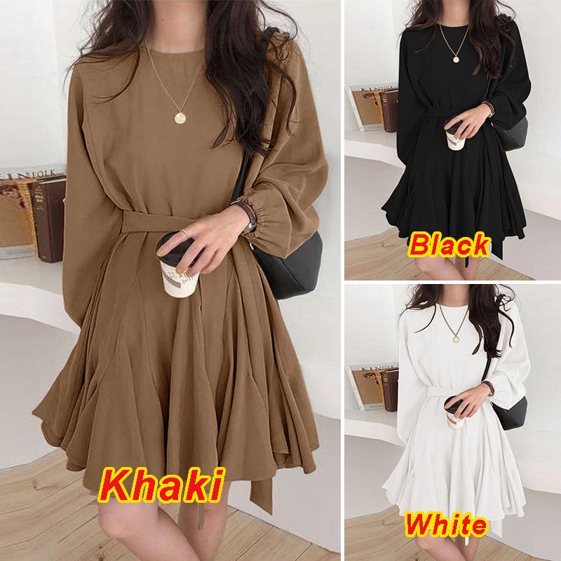 Đầm ngắn ZANZEA tay dài phồng cổ tròn ống tay co giãn xếp ly dành cho nữ
