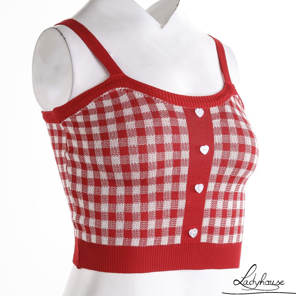 Ld-áo Dệt Kim Hai Dây Không Tay Cài Nút Kẻ Sọc Caro Cổ Điển Cho Nữ