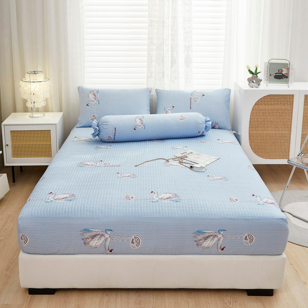 Bộ ga gối 4 món cotton đũi nhập khẩu ga trải giường cotton đũi mẫu hoa nhiều màu sắc ga chần bông bo chun thoáng mát
