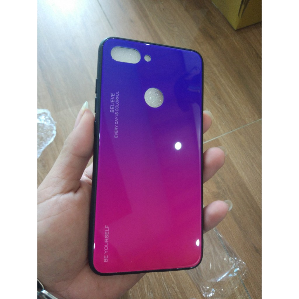 Ốp lưng mặt kính cường lực xiaomi mi 8 lite hiệu ứng raibown 7 màu