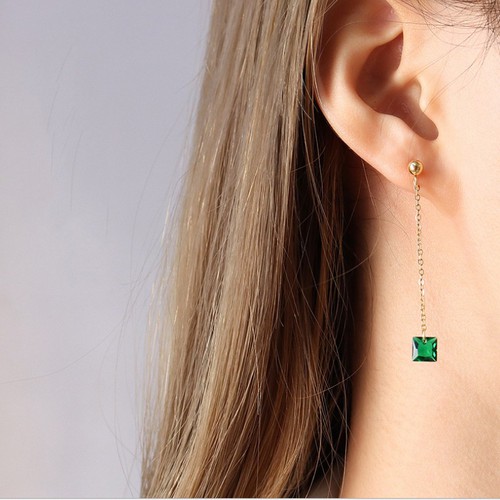 Bông Tai Chuỗi Dài 1 Viên Đá Nhân Tạo Màu Xanh Lá Thép Titan Ko Rỉ TT 3600