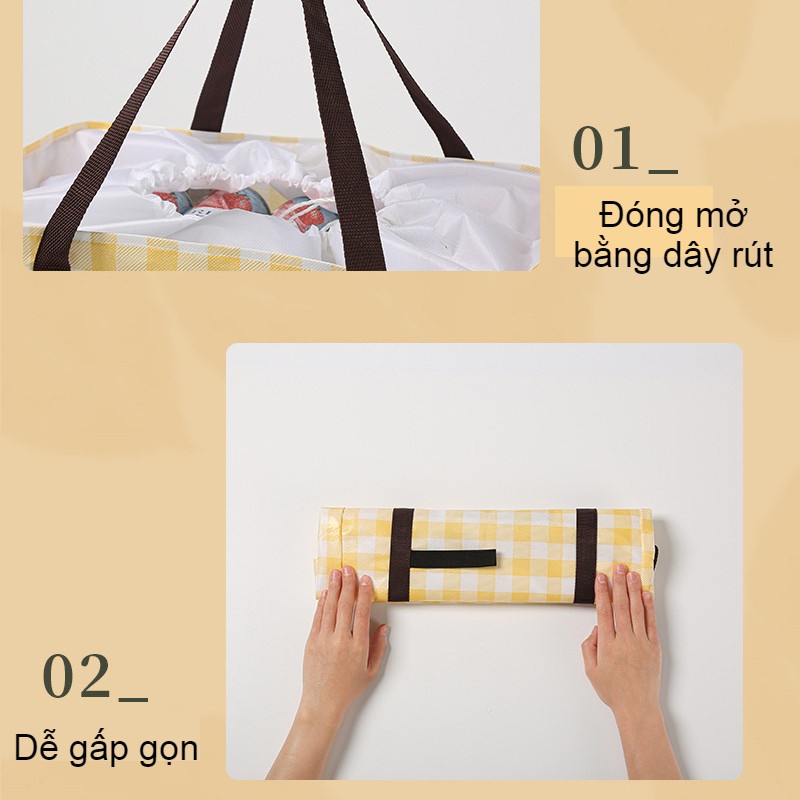 Túi đi chợ cỡ lớn, túi đựng cơm, thức ăn PICNIC đóng mở bằng dây rút, vải bền màu chống thấm nước