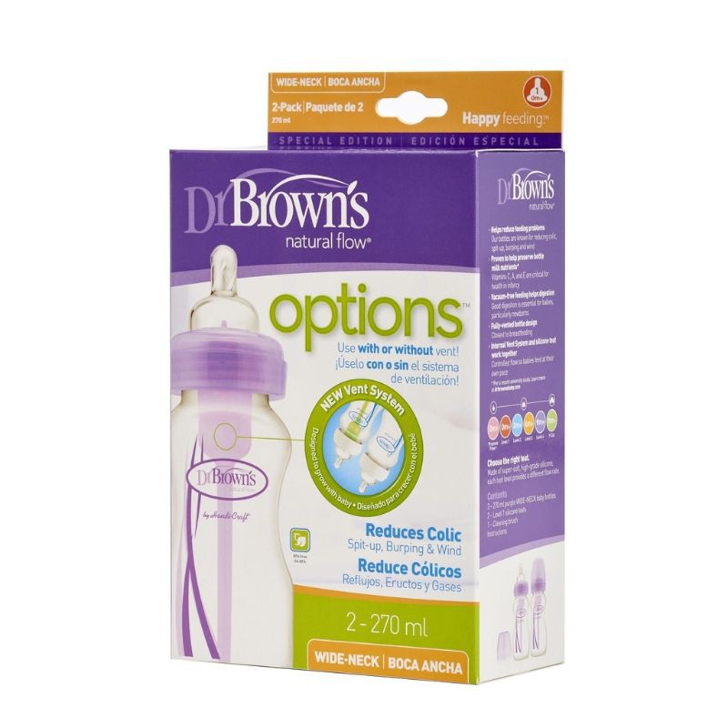 Combo 2 bình sữa Dr Brown's Options cổ rộng 270ml nhựa PP màu tím