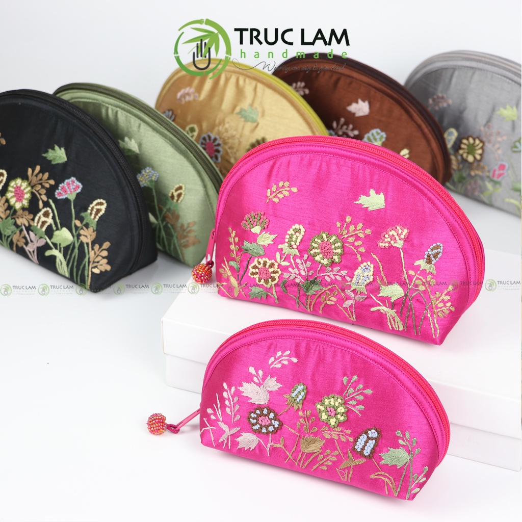 Ví Cầm Tay Nữ Ví Sò Vải Tafta Họa Tiết Hoa Cỏ Thêu Tay 2 Mặt Set 2 Chiếc - Trúc Lâm Handmade