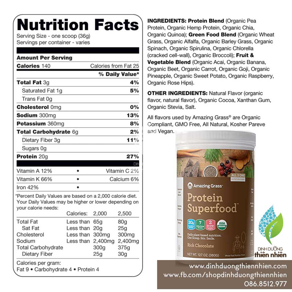 [Mã 77FMCGSALE giảm 8% đơn 500K] Bột Protein Thực Vật Hữu Cơ Amazing Grass Organic Protein Superfood Powder | BigBuy360 - bigbuy360.vn