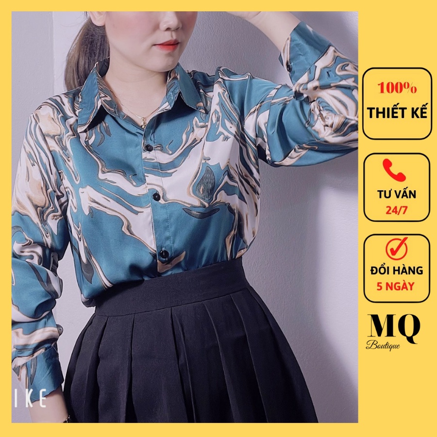 Áo sơ mi nữ lụa dài tay cao cấp công sở họa tiết xanh loang, áo sơ mi họa tiết thiết kế MQ Boutique