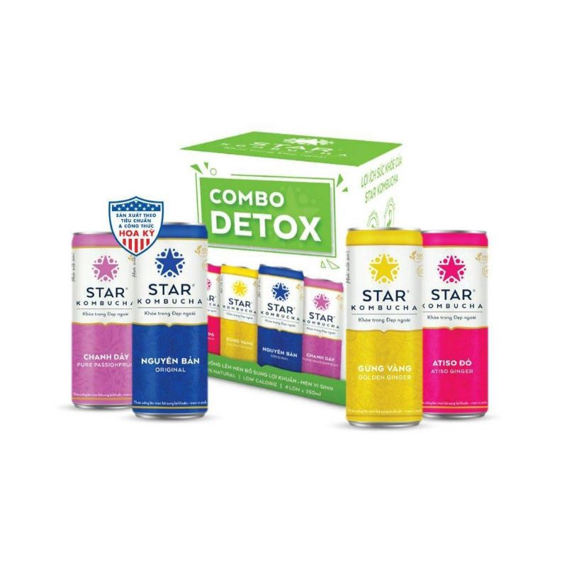Combo 4 lon trà STAR KOMBUCHA 250ml mix vị - Trà lên men vi sinh chứa probiotics bảo vệ sức khoẻ