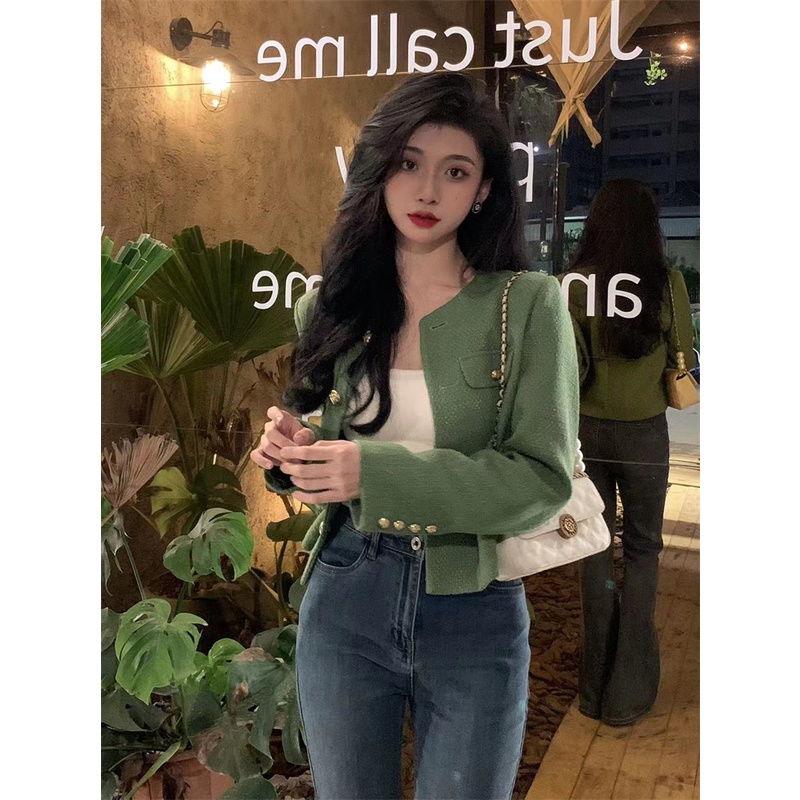 Áo Khoác Ngắn Màu Xanh Lá Phong Cách Hàn Quốc Thời Trang Mới Cho Nữ