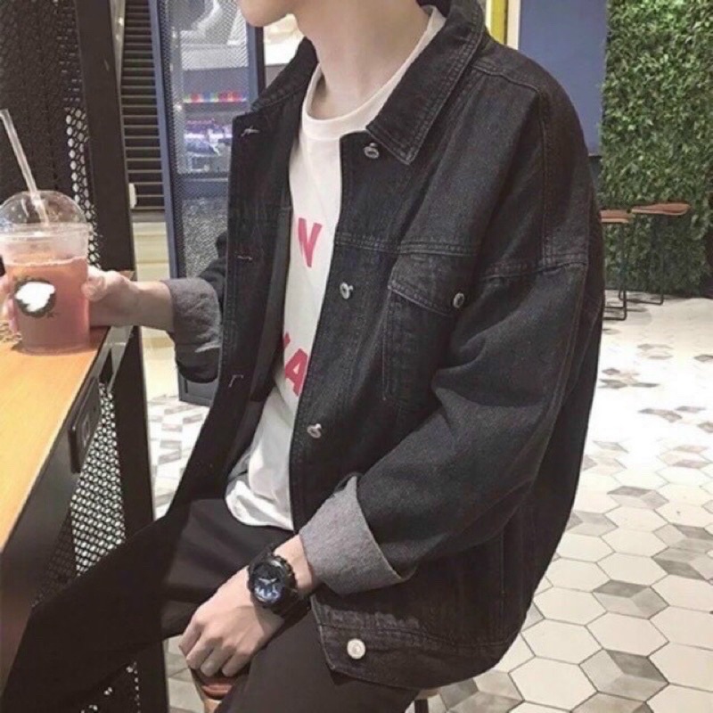 ÁO KHOÁC JEANS TRƠN ĐEN UNISEX FROM RỘNG ( sp đính kèm ảnh chụp thật )