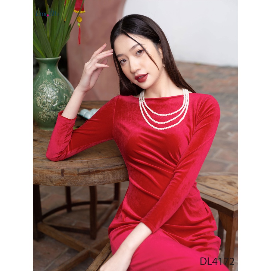 Đầm nhung, cổ tròn, rúm eo EMSPO DL4172