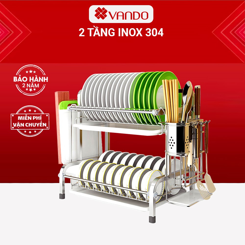 Kệ Nhà Bếp Úp Chén Bát INOX 304 2 Tầng KÈM khay ráo nước Kệ bếp cao cấp VANDO