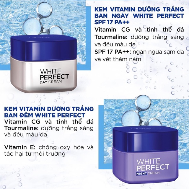 Bộ sản phẩm kem dưỡng da trắng mượt đều màu ngày và đêm L'Oreal Paris White Perfect