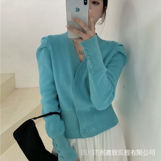 Bubble sleeve V-neck knitwear women's niche double-breasted Autumn New loose long sleeve waist-tight short coat top