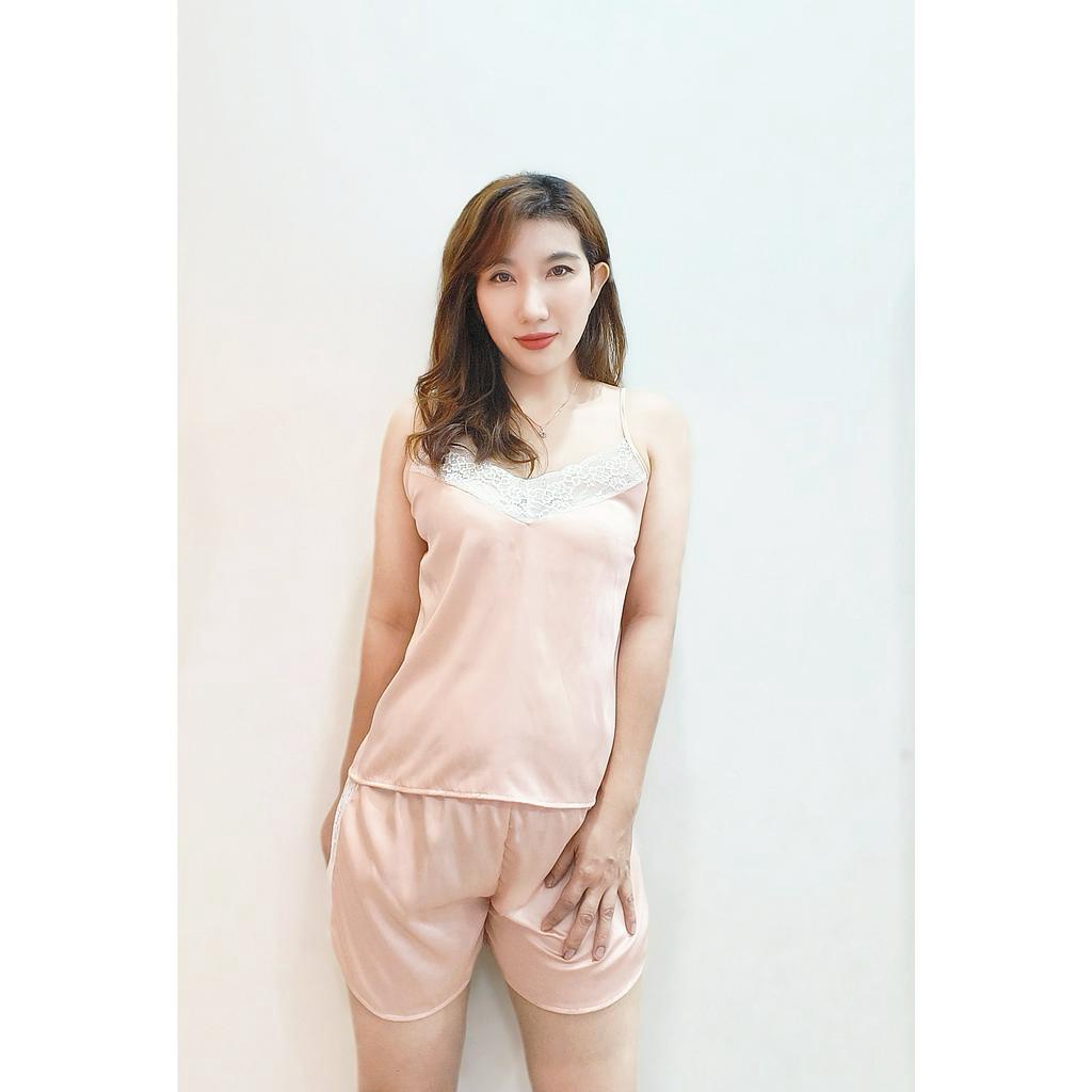 Đồ bộ mặc nhà , đồ ngủ lụa hai dây phối ren hoa trắng cổ V xinh xắn Dreamy- DN31