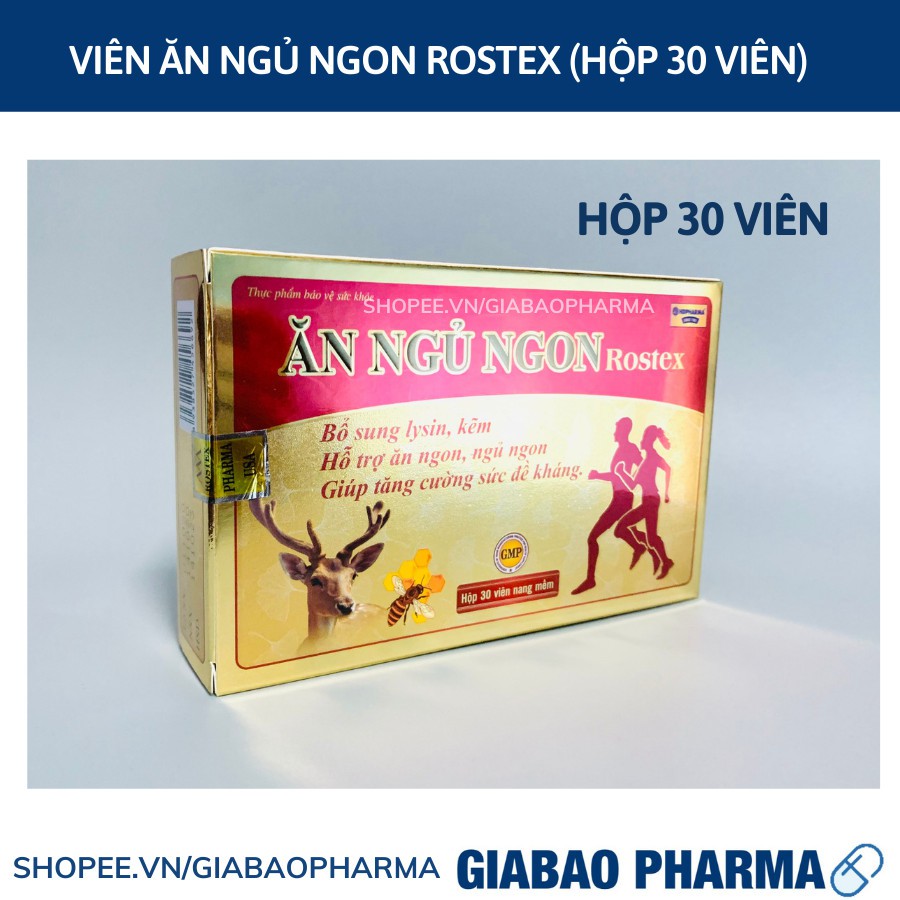 Viên Ăn Ngủ Ngon Rostex bổ sung omega 3, lysin, kẽm loại bỏ mất ngủ, căng thẳng, stress - Chai 60 viên/30 viên